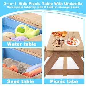 37 in. W 3-in-1 Kids Rectangular Natural Brown Wood Outdoor Picnic Table w/Bench and Umbrella, Convertible Sand and Wate