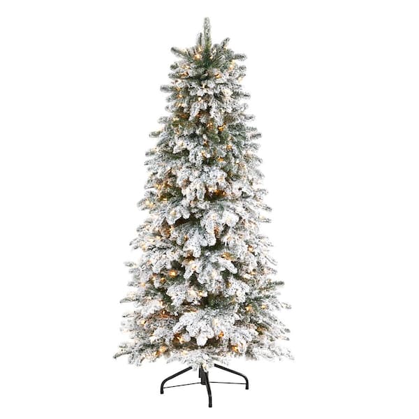 Nearly Natural 6 ft. Flocked North Carolina Fir Artificial Christmas Tree with 450 Warm White Lights and 1560 Bendable Branches