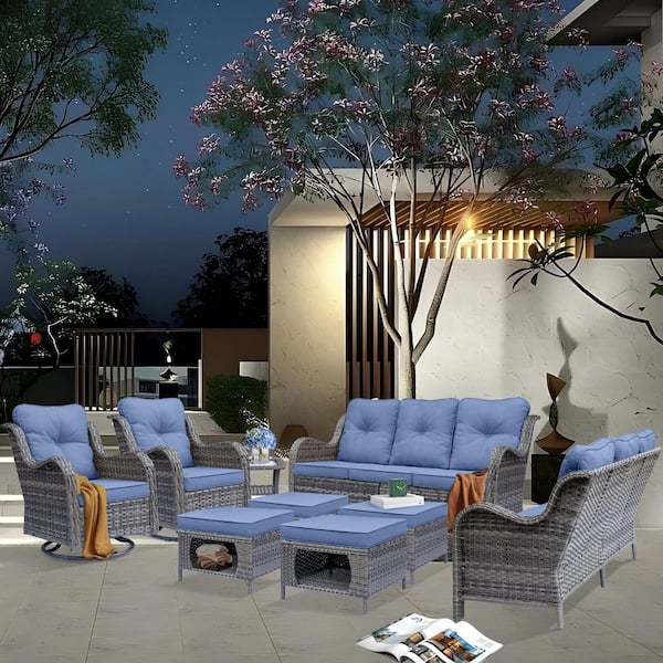 Xingzjojor Gray 9-Piece Wicker Outdoor Patio Conversation Seating Sofa Set with Denim Blue Cushions and Swivel Rocking Chairs