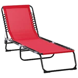 Black Metal Outdoor Chaise Lounge with Pillow, Breathable Mesh, Seat and Wine-Red Cushions, 4 Position Reclining Back