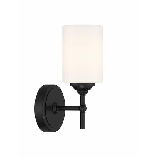 Home Decorators Collection Ayelen 1-Light Black Wall Sconce Opal White Glass