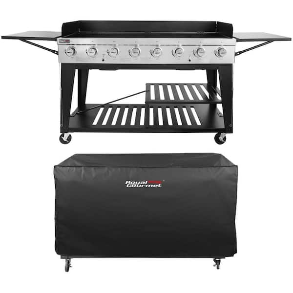 8-Burner Event Propane Gas Grill in Black with 2 Folding Side Tables with Cover