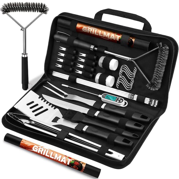 31-Piece BBQ Grill Accessories, Stainless Steel BBQ Utensils Kit with Mats, Grill Brush in Carrying Bag, Black