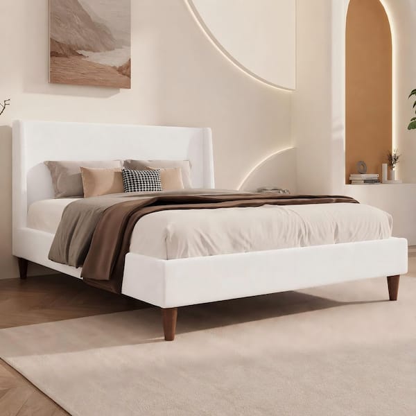 Ivory/White Wood Frame Queen Size Platform Bed with Wingback Headboard and Walnut Wooden Legs
