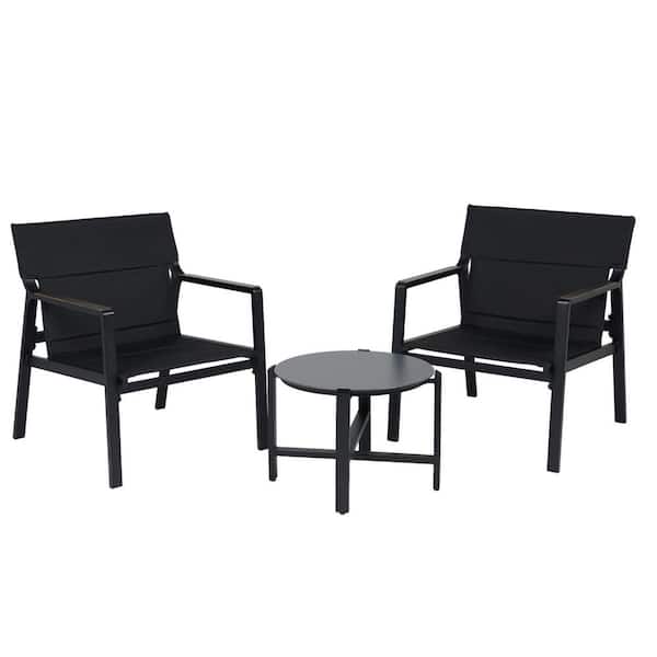 Sudzendf Black 3-Piece Metal Outdoor Patio Conversation Set with Mesh Sling and Side Table
