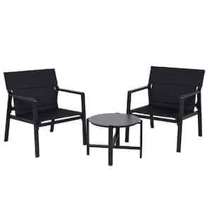 Black 3-Piece Metal Outdoor Patio Conversation Set with Mesh Sling and Side Table