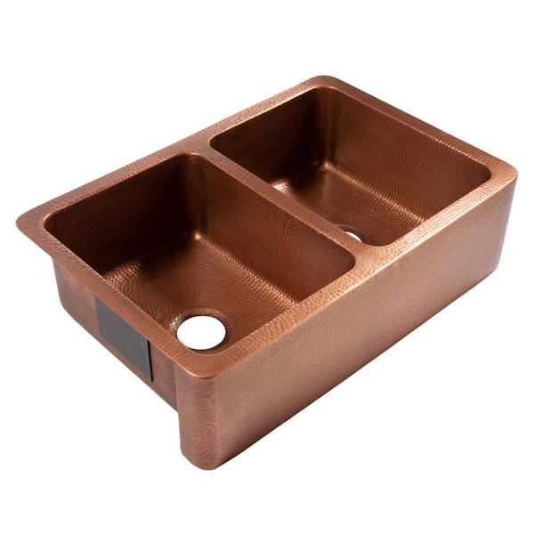 Adams 33 in. Farmhouse Apron Front Undermount Double Bowl 16 Gauge Antique Copper Kitchen Sink