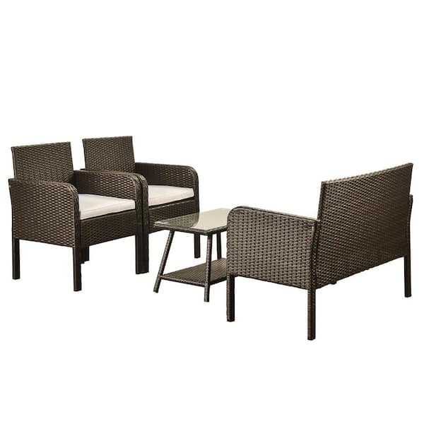 maocao hoom Brown 4-Piece Wicker Rattan Outdoor Conversation Sofa Seating Group with Beige Cushions