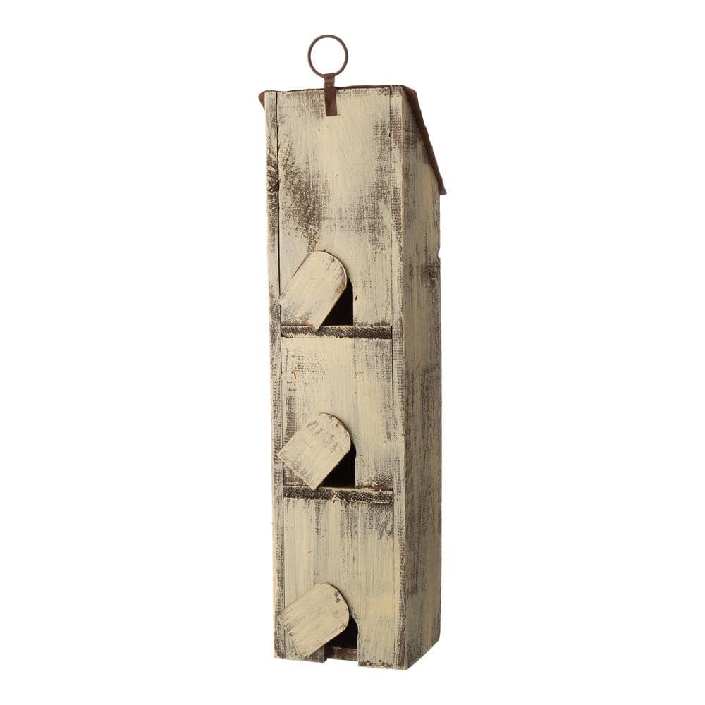 Distressed Off-White Three-Tier Wooden Birdhouse with Metal Roof