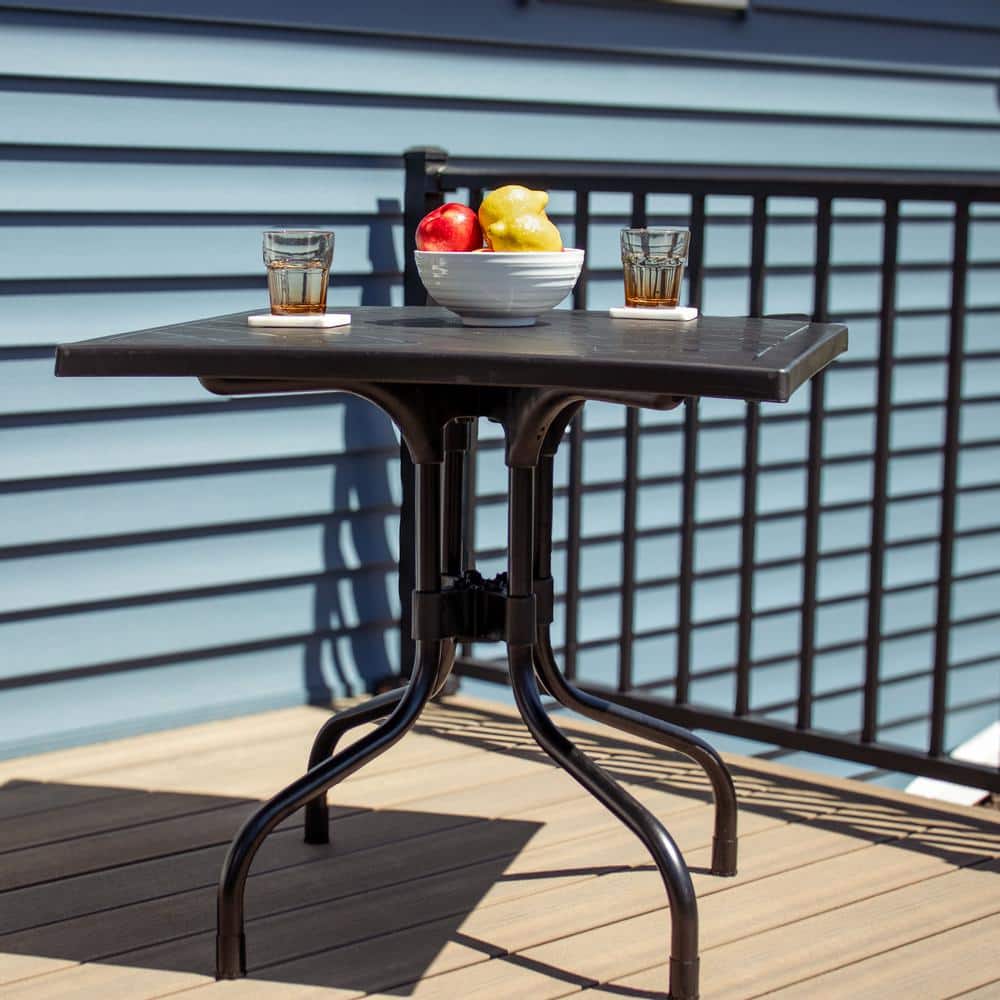 Black Square Polypropylene Top Outdoor Dining Table with Curved Iron Legs