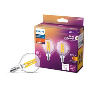 60-Watt Equivalent Ultra Definition G16.5 Clear Glass Dimmable E12 LED Light Bulb Soft White Warm Glow 2700K (2-Pack)