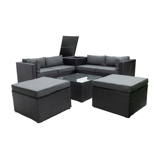 FORCLOVER Black 6-Piece Wicker Patio Conversation Set with Gray Cushions and Storage Box