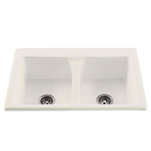 Endurance Undermount/Drop-In Acrylic 33.25 in. 50/50 Double Bowl Kitchen Sink in Biscuit