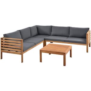 4-Piece Brown Wood Patio Conversation Set, Sofa Set with Gray Cushions, CoffeeTable