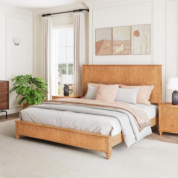 Horizon Modern Rustic Natural Brown Finish Wood Frame King Size Platform Bed with Tall Headboard
