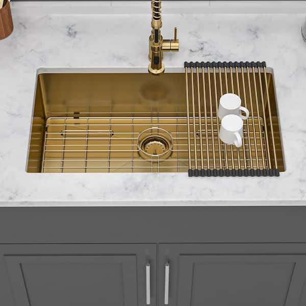 32 in. Undermount Single Bowl 16 Gauge Gold Stainless Steel Kitchen Sink with Bottom Grids