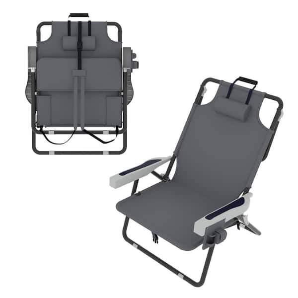 VEIKOUS Folding Portable Metal Backpack Beach Chair with Removable Pillow and 5-Position Adjustable Backrest in Dark Gray