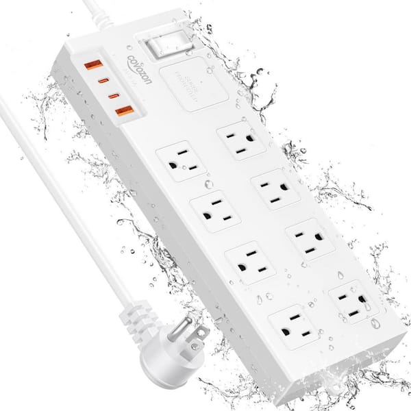 Ahfiwaso 10FT IPX6 Waterproof 2700J Surge Protector Power Strip, Extension Cord with 8 Wide-Spaced Outlets and 4 USB Ports, White