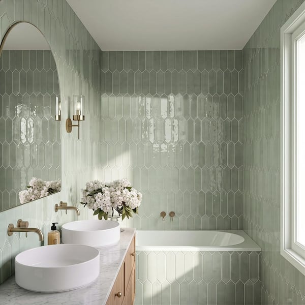 Glossy Ceramic Picket Hexagon Subway 3 in. x 12 in. x 10 mm Wall Tile Case- Sage (20-Tile Pieces/5 sq. ft.)