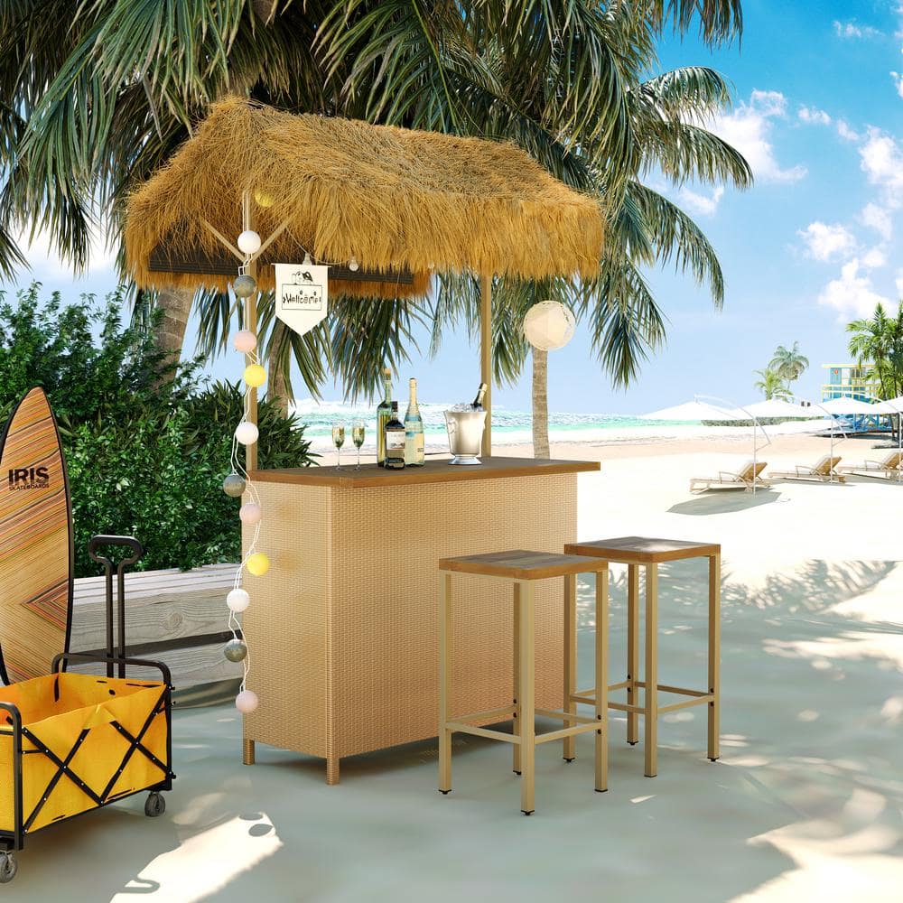 Natural 3-Piece Wicker Outdoor Bistro Set Patio Bar Table and Stools with A