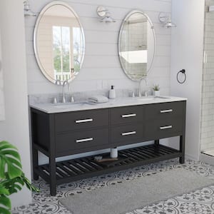 Valencia 72 in. W x 22 in. D x 34 in . H Oak Console Vanity with Rectangular Undermount Sinks Black with White Top