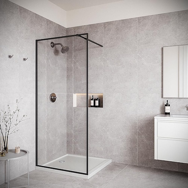 Coscile 36'' x 76'' Framed Fixed Shower Door with CrystalTech Treated 5/16'' Tempered, Clear Glass, Matte Black Hardware