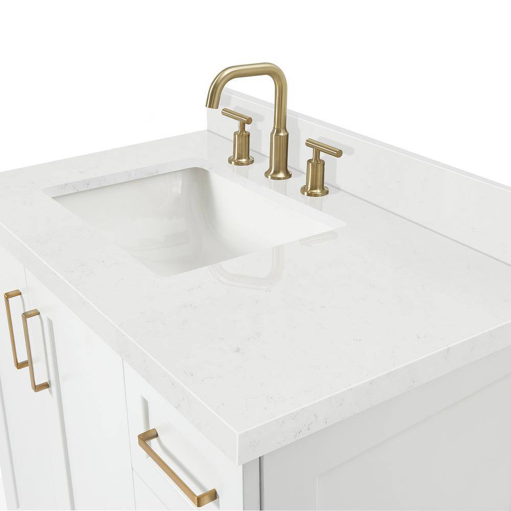 White Quartz Single Basin Freestanding Vanity with Gold Hardware