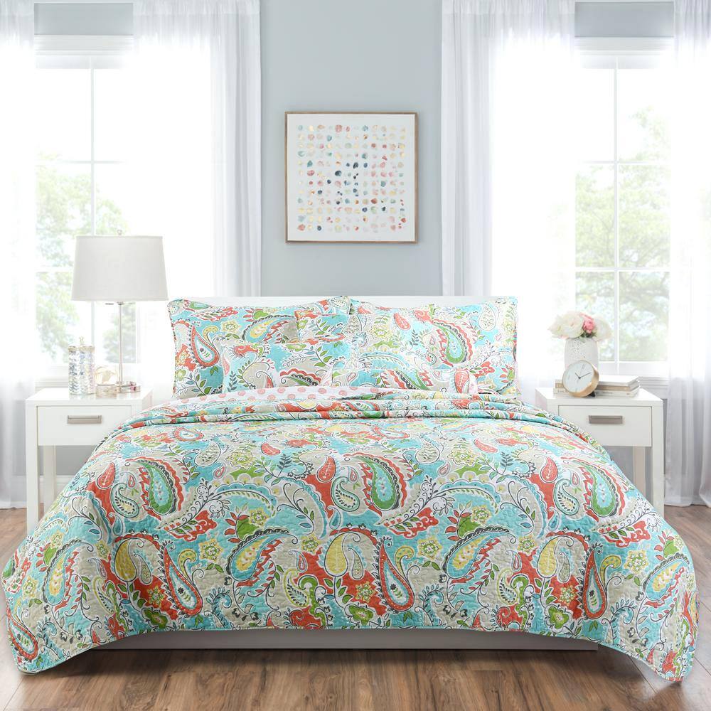 King Blue Paisley Reversible Microfiber Quilt Set