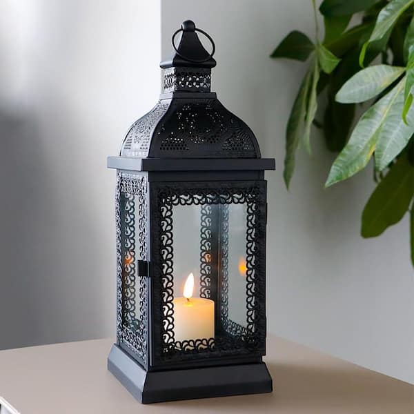 13 in. x 5 in. Black Metal Vintage Lantern without Candle
