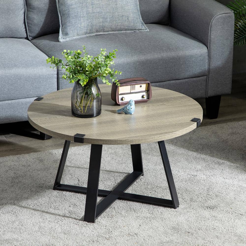 Round Light Gray Wood and Metal Coffee Table