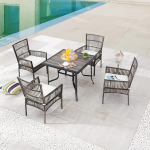 5-Piece Wicker Square Outdoor Dining Set with White Cushions