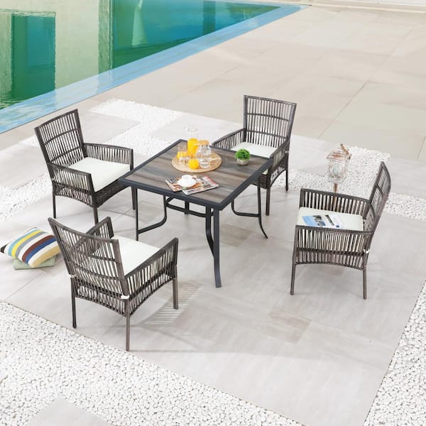 Patio Festival 5-Piece Wicker Square Outdoor Dining Set with White Cushions