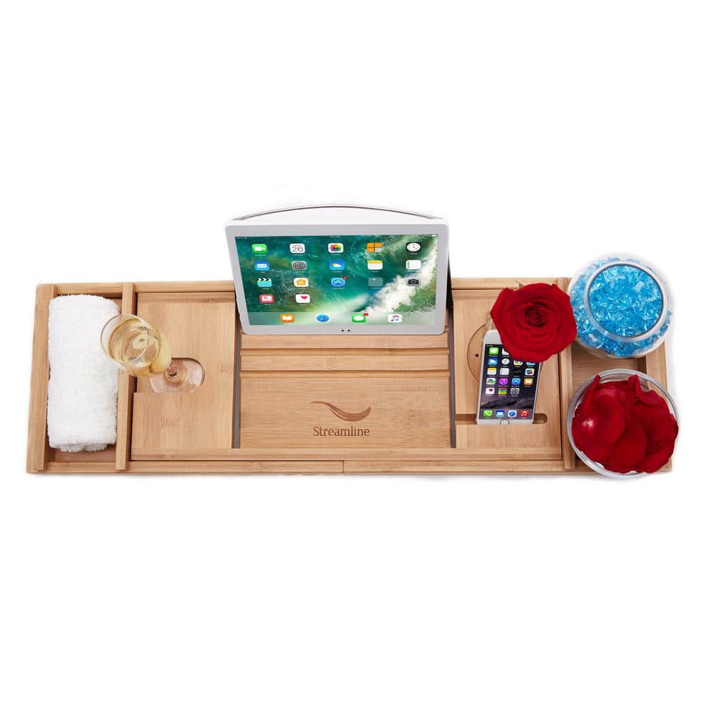 59" Glossy White Acrylic Freestanding Soaking Tub with Bamboo Tray