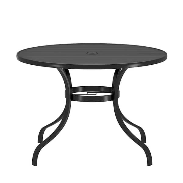 Black Steel Outdoor Dining Table 39.76 in. Patio Round Dining Table with Umbrella Hole for Deck Lawn Garden