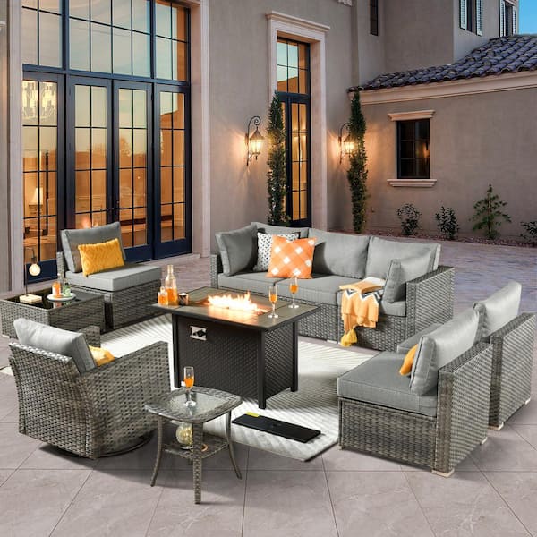 weaxty W Daffodil C Gray 10-Piece Wicker Patio Fire Pit Conversation Sofa Set with Swivel Rocking Chairs and Dark Gray Cushions
