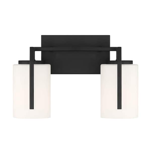 Designers Fountain Cambria 13.5 in. 2-Light Matte Black Transitional Vanity Light with Etched Opal Glass Shades