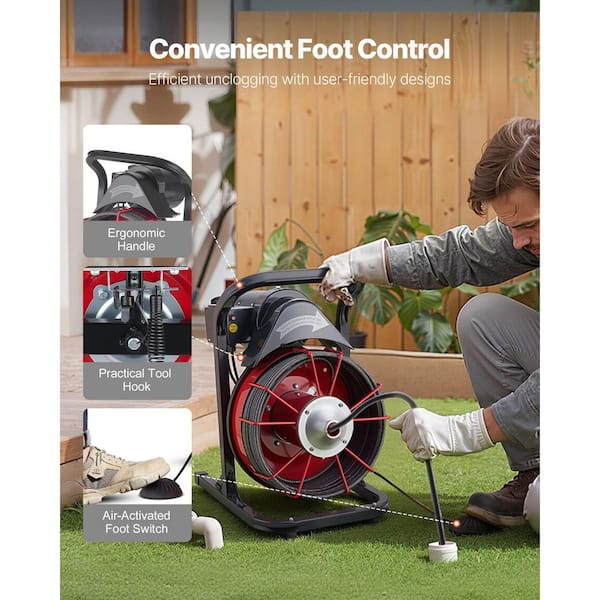 75FT 1/2-Inch Electric Drain Snake – 450W Auto-Feed Sewer Cleaner With 6 Blades & Foot Pedal, For 2-4 Inch Pipes, Roots/Hair/Grease Clogs