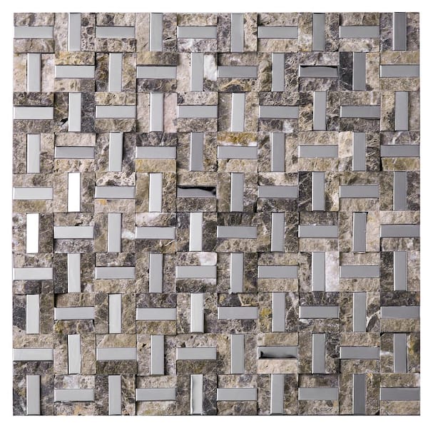 MOLOVO Silver Brick Brown 12.01 in. x 12.01 in. Brick Joint Polished Marble Mosaic Tile Sample