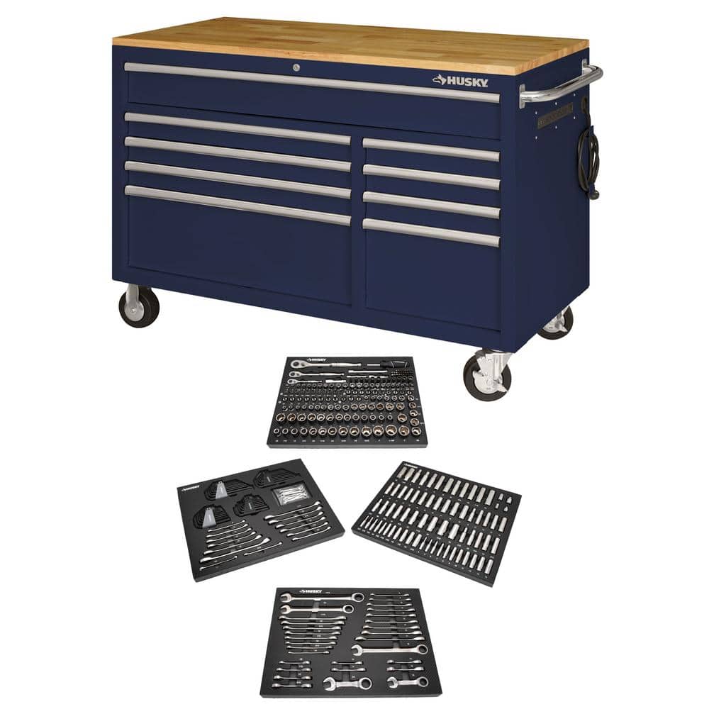 52 in. W x 25 in. D 9-Drawer Gloss Blue Mobile Workbench Tool Chest with Me