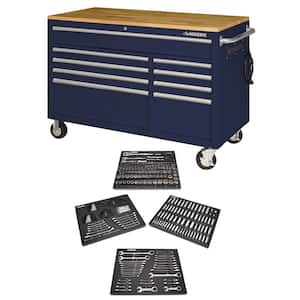 52 in. W x 25 in. D 9-Drawer Gloss Blue Mobile Workbench Tool Chest with Mechanics Tool Set in Foam (320-Piece)