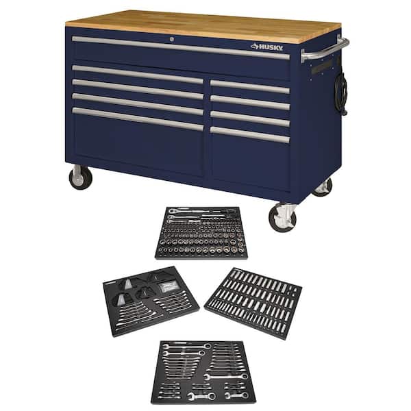 Husky 52 in. W x 25 in. D 9-Drawer Gloss Blue Mobile Workbench Tool Chest with Mechanics Tool Set in Foam (320-Piece)