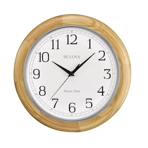 Atomic Time 3 12.4 in. wall clock stained solid hardwood, plated silver bezel, bold numbers, atomic controlled time