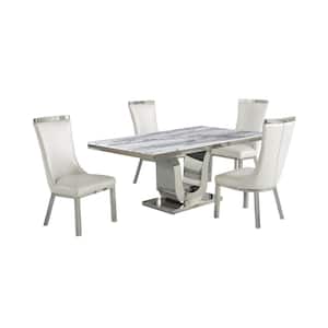 Ada 5-Piece White Marble Top with Stainless Steel Base Table Set with 4-White Faux Leather Chairs
