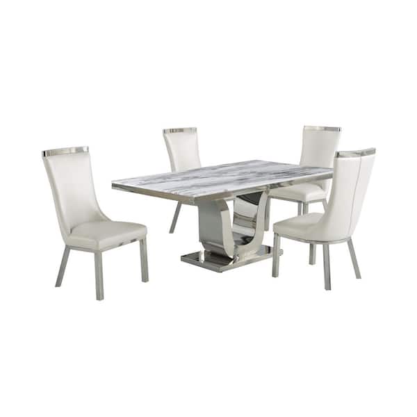 Best Quality Furniture Ada 5-Piece White Marble Top with Stainless Steel Base Table Set with 4-White Faux Leather Chairs