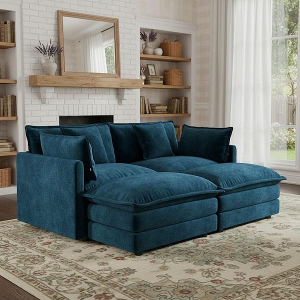 Heat 76.7 in. Track Arm Modern Chenille 4-Piece Sectional Sofa with 2 Movable Ottomans, in Midnight Teal
