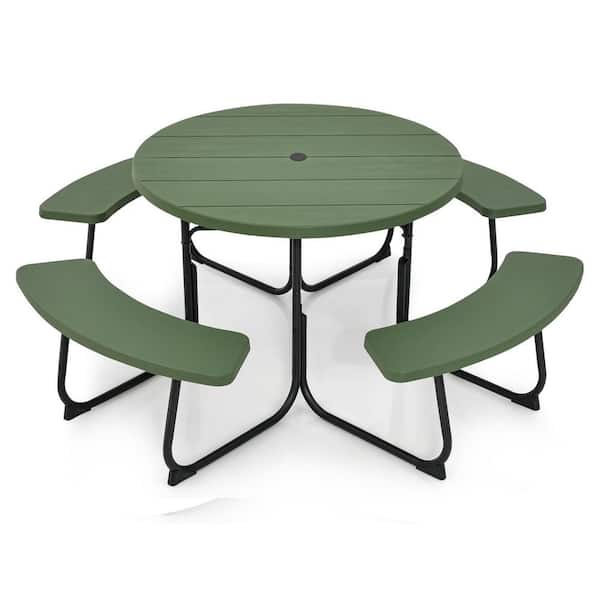 8 Person HDPE Round Outdoor Picnic Table with 4 Built-in Benches and Umbrella Hole for Garden, Patio, Backyard, Green