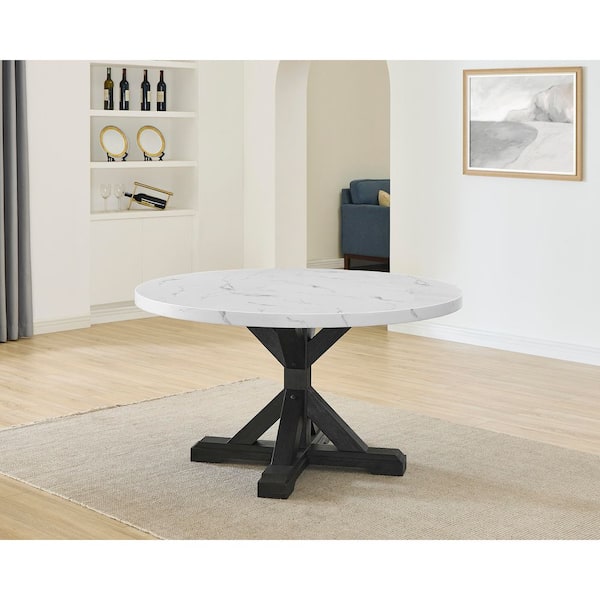 Austin White Faux Marble Top 54 in W. Pedestal Base Rustic Grey Dining Table Seating Capacity of 4