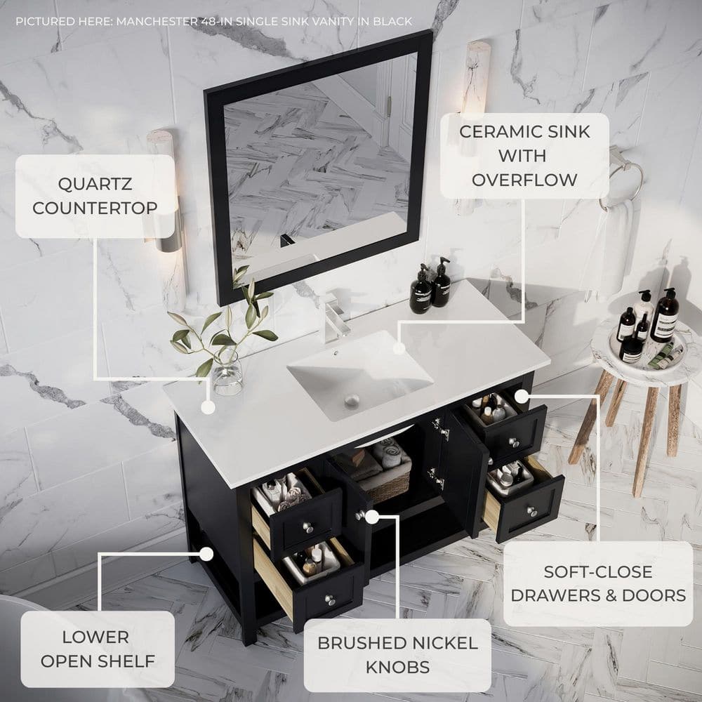 Elegant 42" Black Quartz Top Solid Wood Freestanding Vanity with Sink