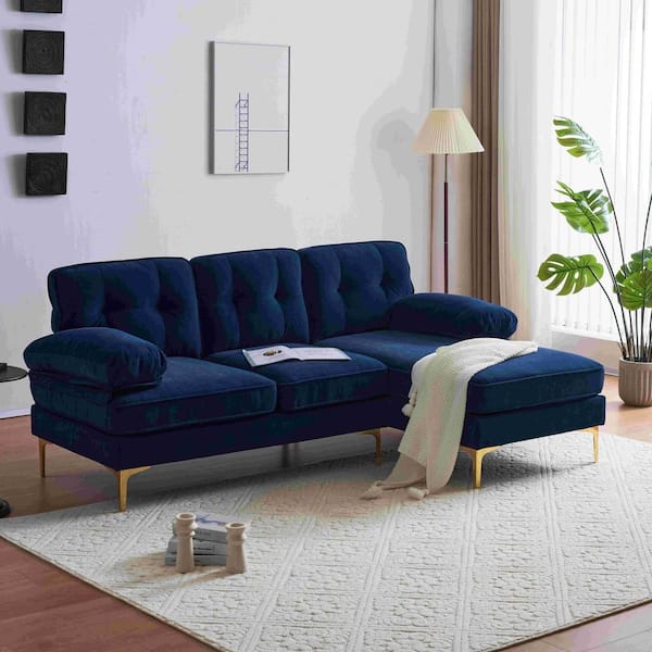 83 in. Square Arm Velvet L-Shaped Sofa in Blue