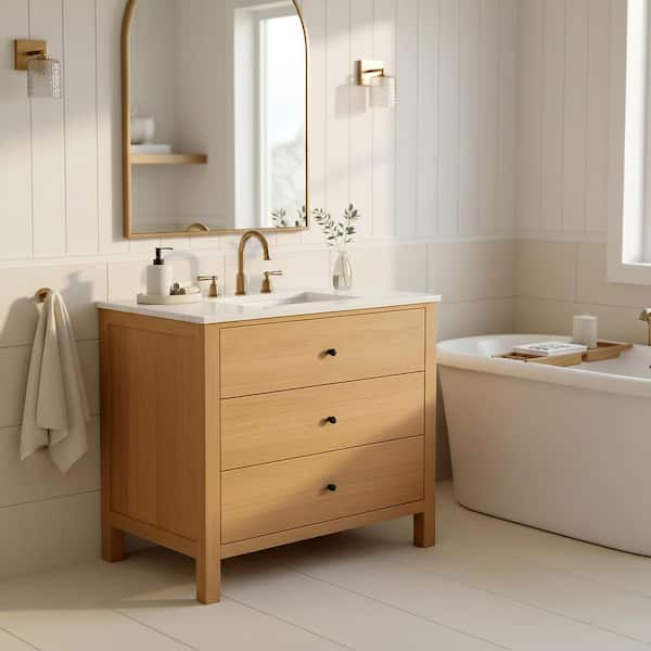 Tompkinson 36 in. Single Sink Natural Bath Vanity with White Marble Top
